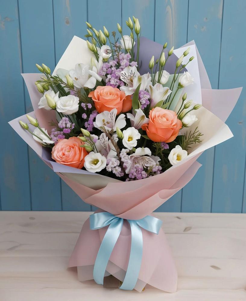 Букет цветов из: Лизиантусы, Розы, Альстромерии и Гипсофила в Бесстрашной