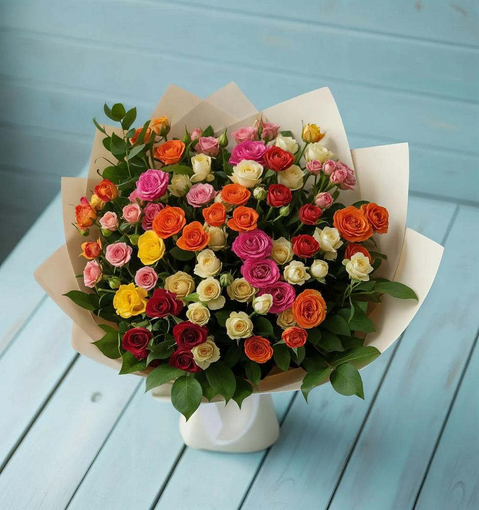 Букет Микс из разноцветных кустовых роз в Бесстрашной