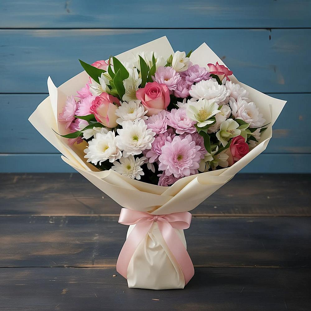 Букет цветов из: Хризантемы, Альстромерии и Розы в Бесстрашной